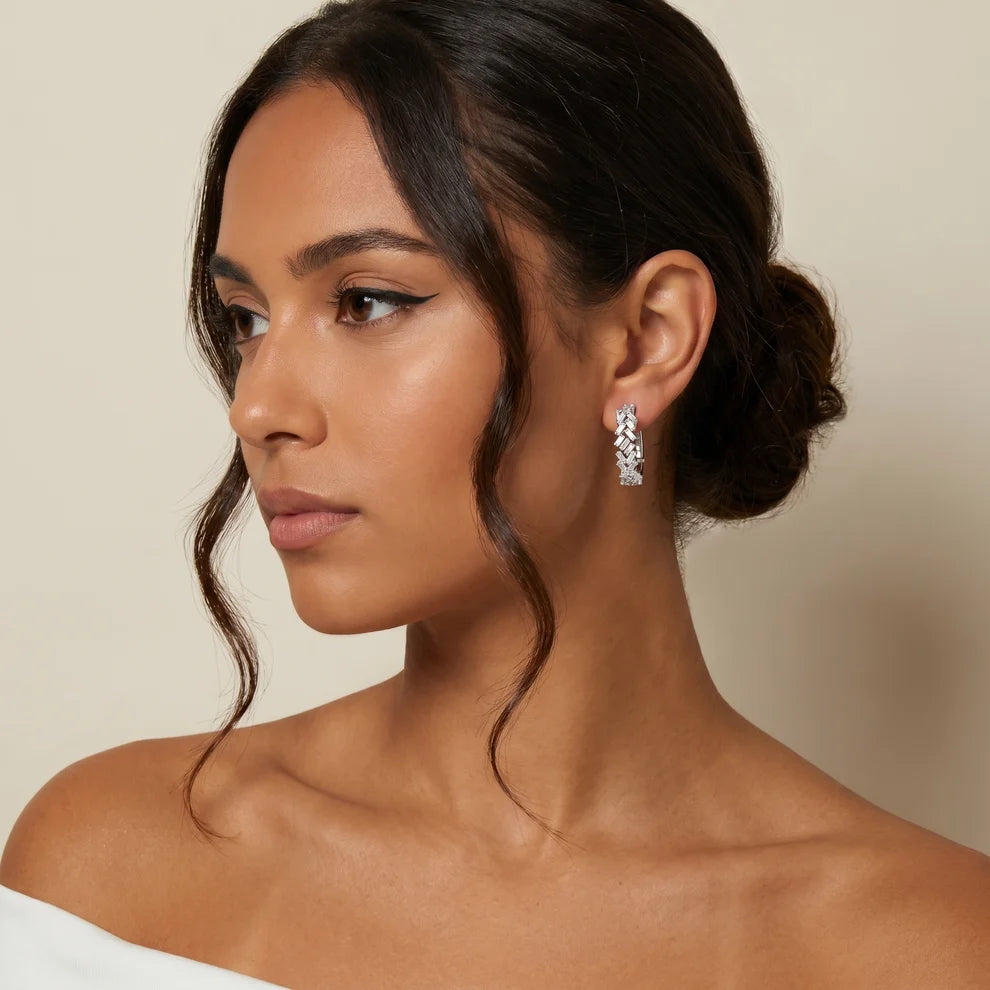 Chevron Baguette Emerald Diamond Hoop Earrings