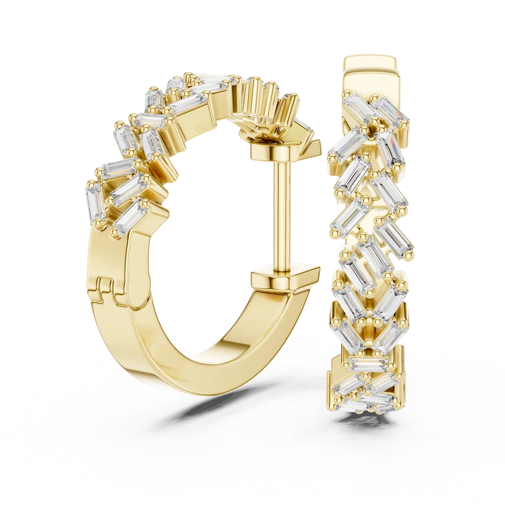 Chevron Baguette Emerald Diamond Hoop Earrings