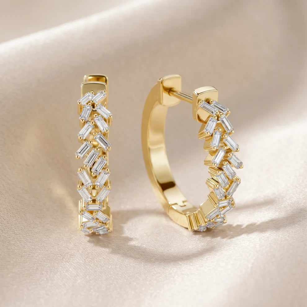 Chevron Baguette Emerald Diamond Hoop Earrings