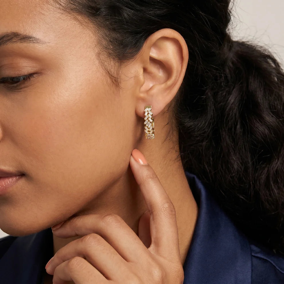 Chevron Baguette Emerald Diamond Hoop Earrings