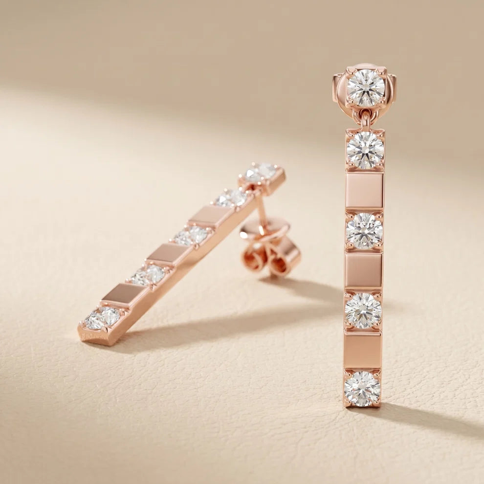 Architectural Line Drops Round Diamond Earrings