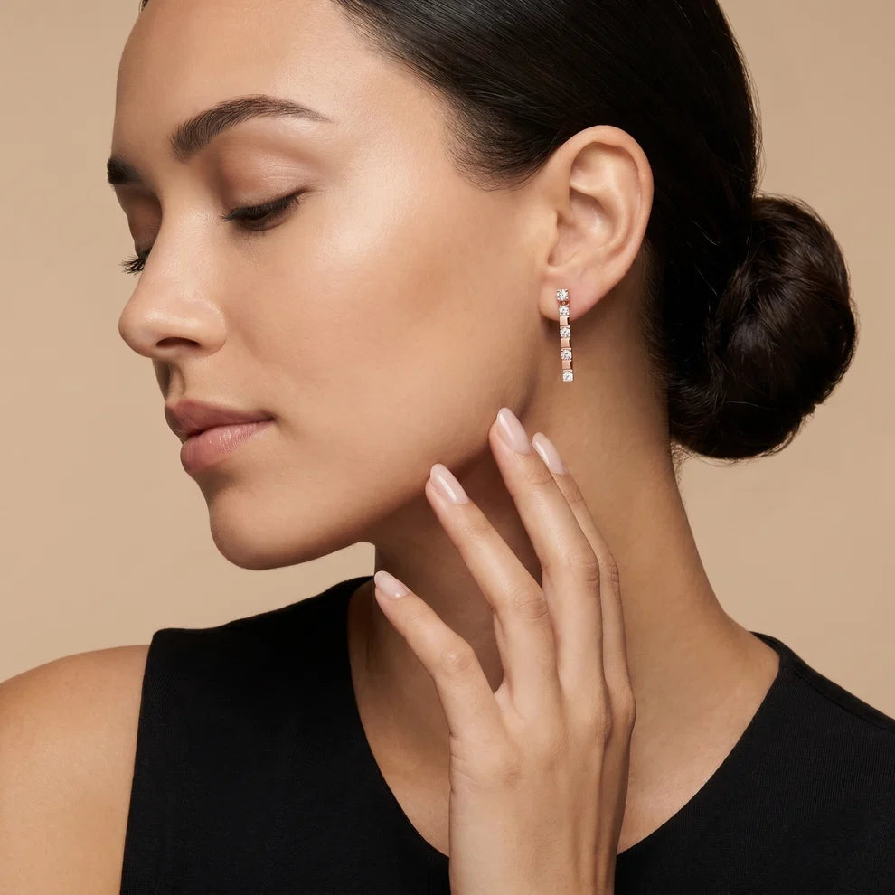 Architectural Line Drops Round Diamond Earrings
