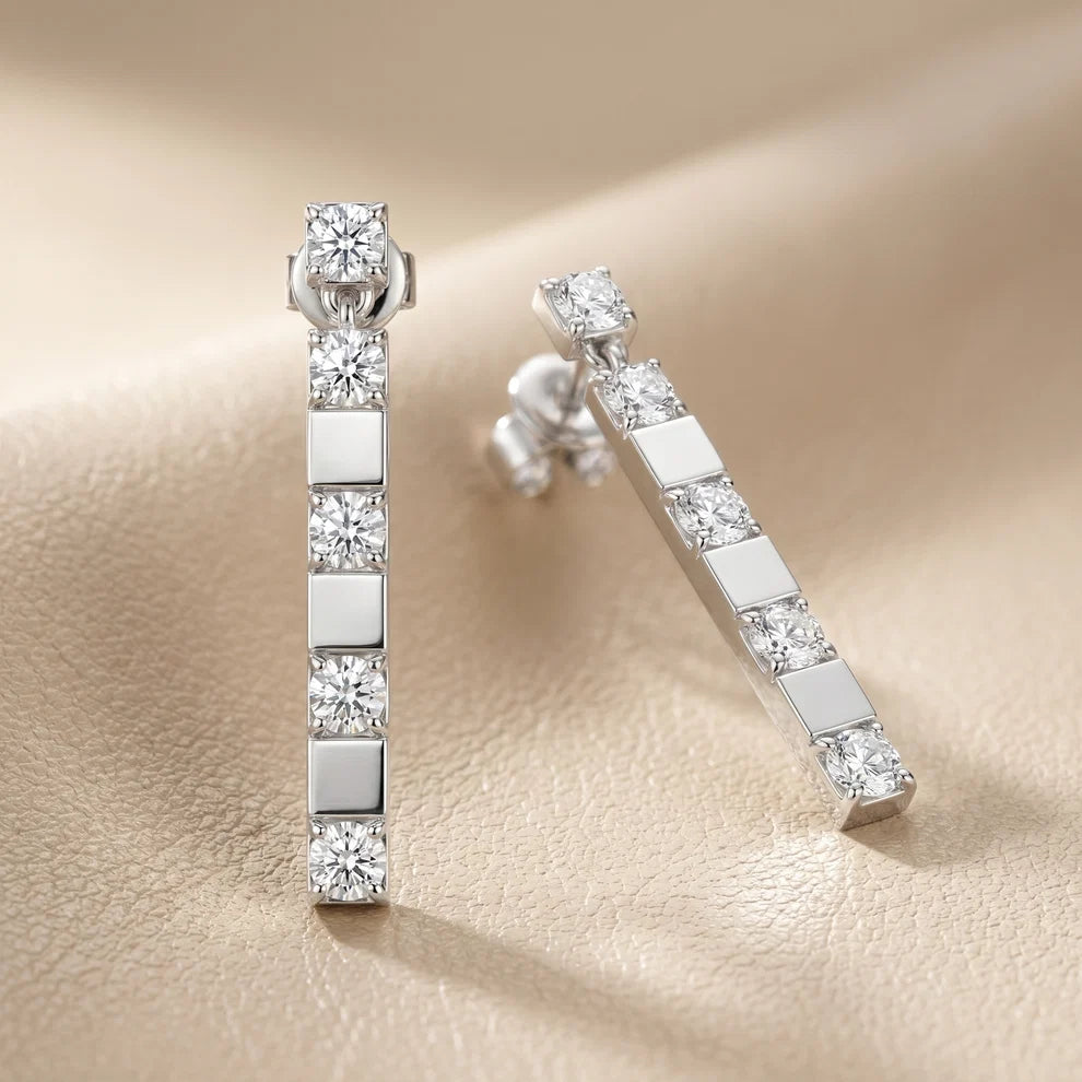 Architectural Line Drops Round Diamond Earrings