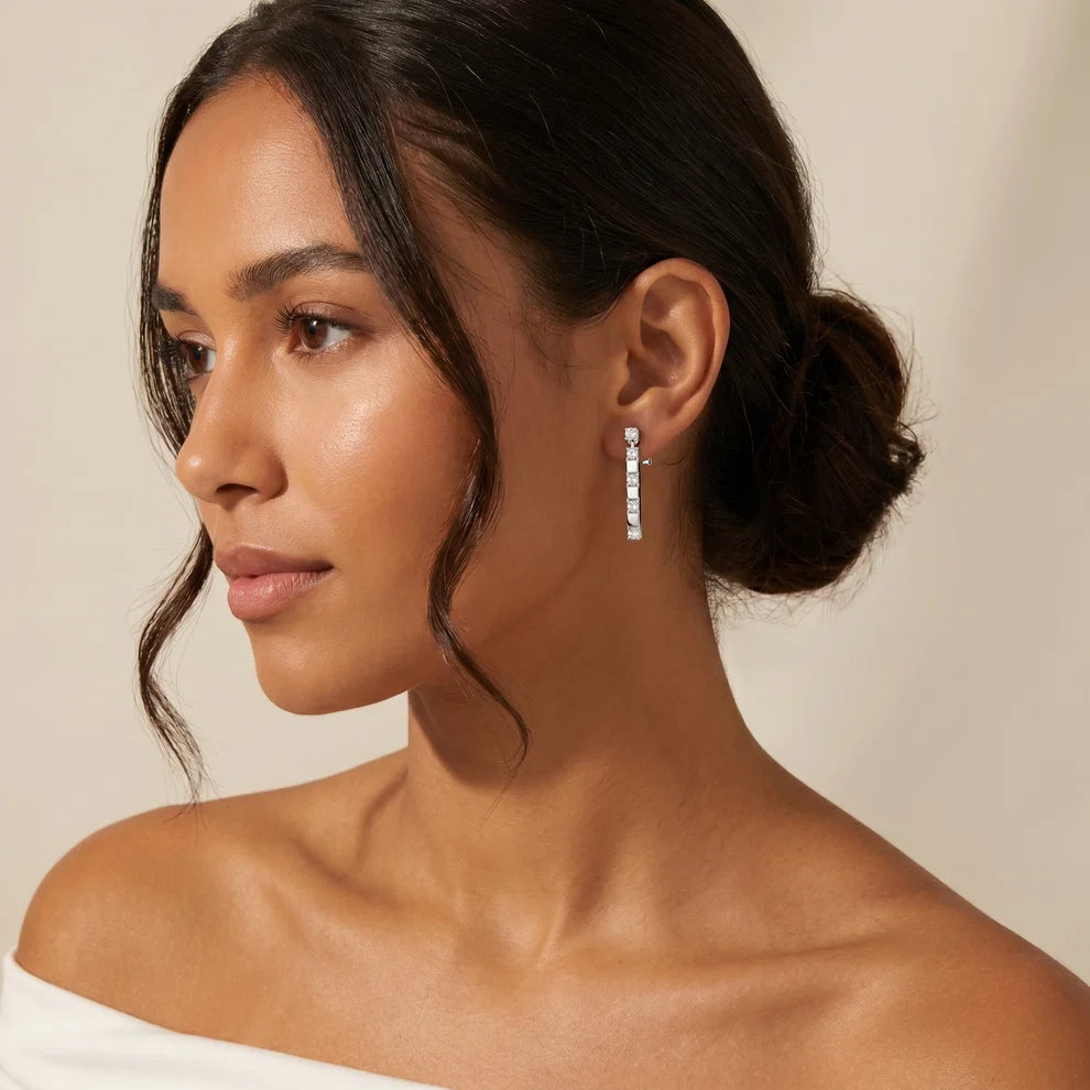 Architectural Line Drops Round Diamond Earrings