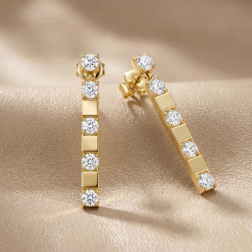 Architectural Line Drops Round Diamond Earrings