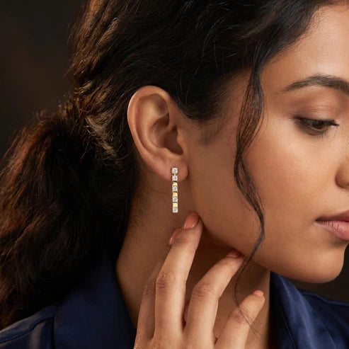 Architectural Line Drops Round Diamond Earrings