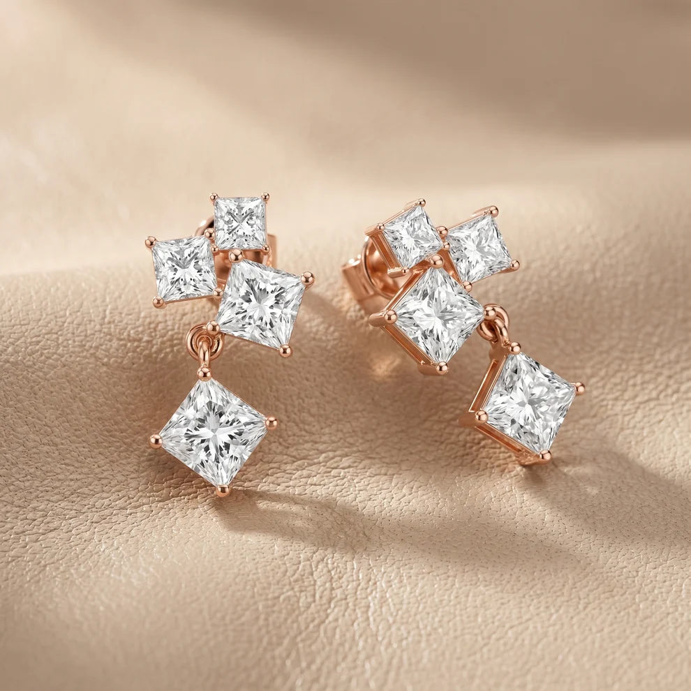 Crest Cluster Princess Diamond Dangle Earrings