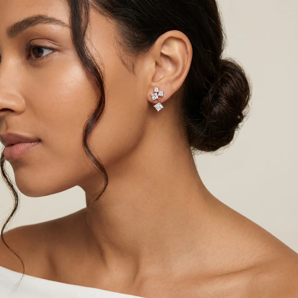 Crest Cluster Princess Diamond Dangle Earrings