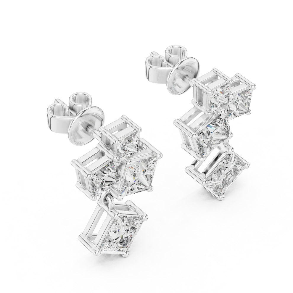 Crest Cluster Princess Diamond Dangle Earrings