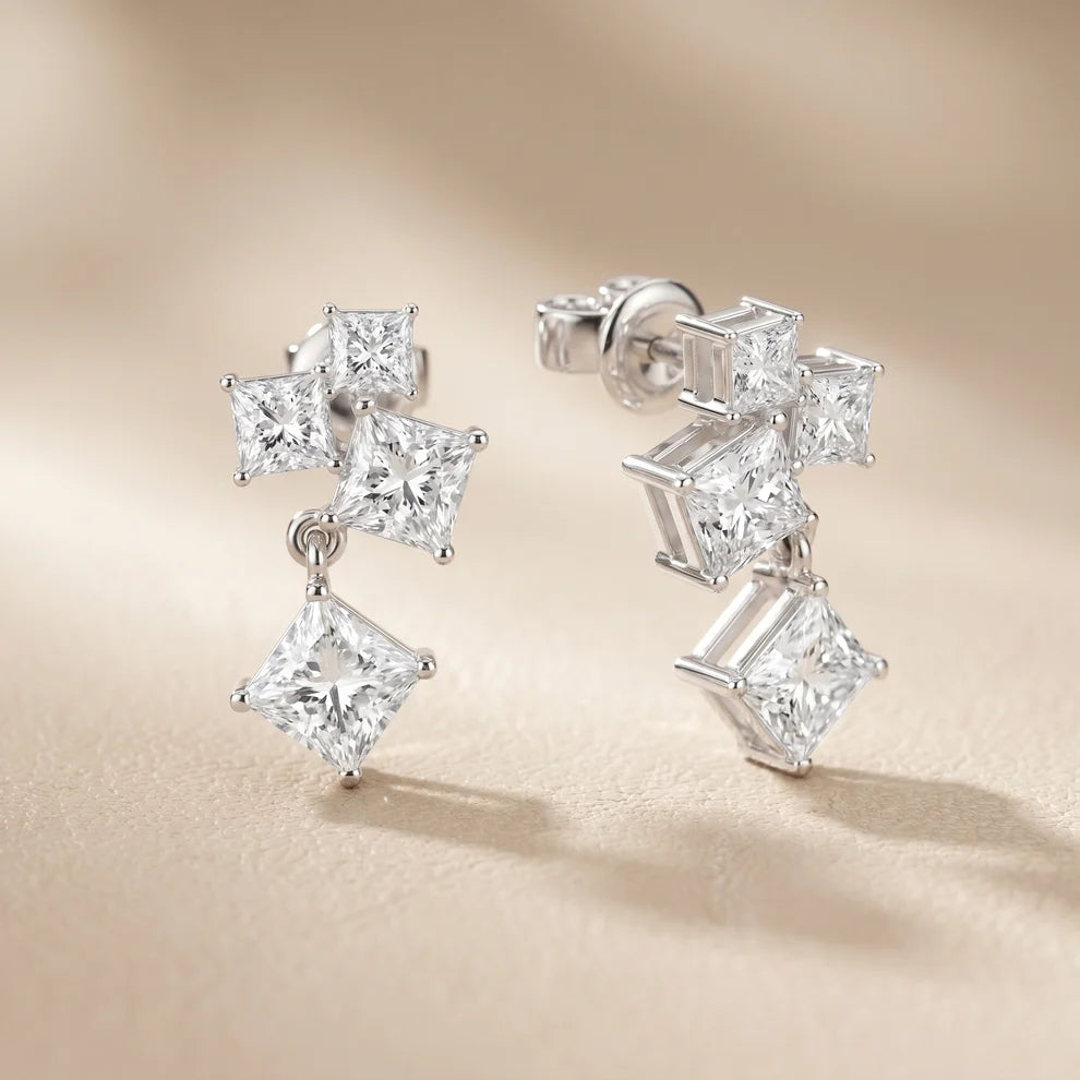 Crest Cluster Princess Diamond Dangle Earrings