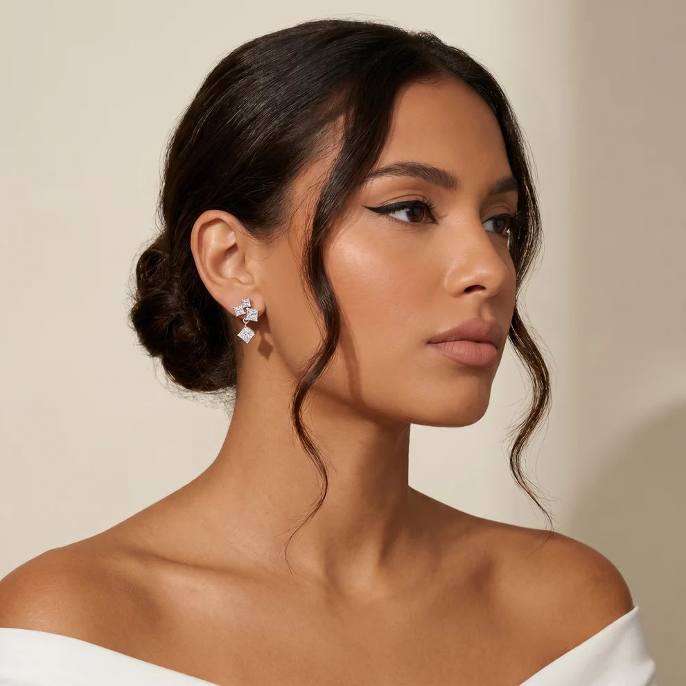 Crest Cluster Princess Diamond Dangle Earrings