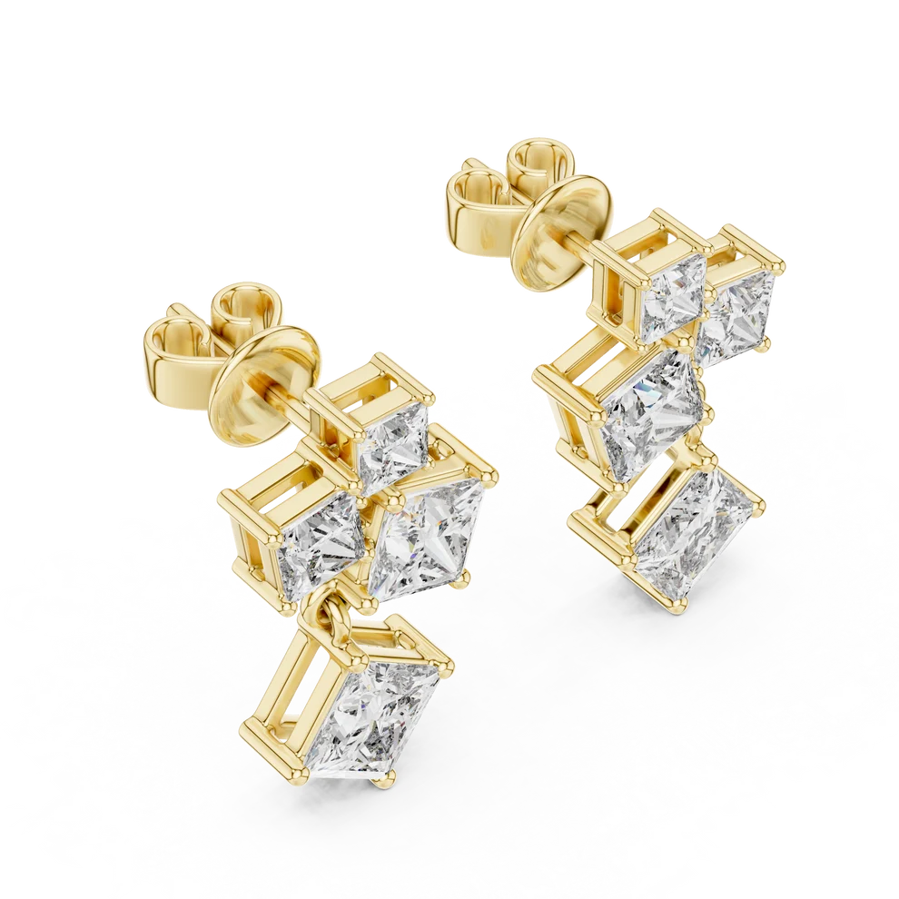 Crest Cluster Princess Diamond Dangle Earrings