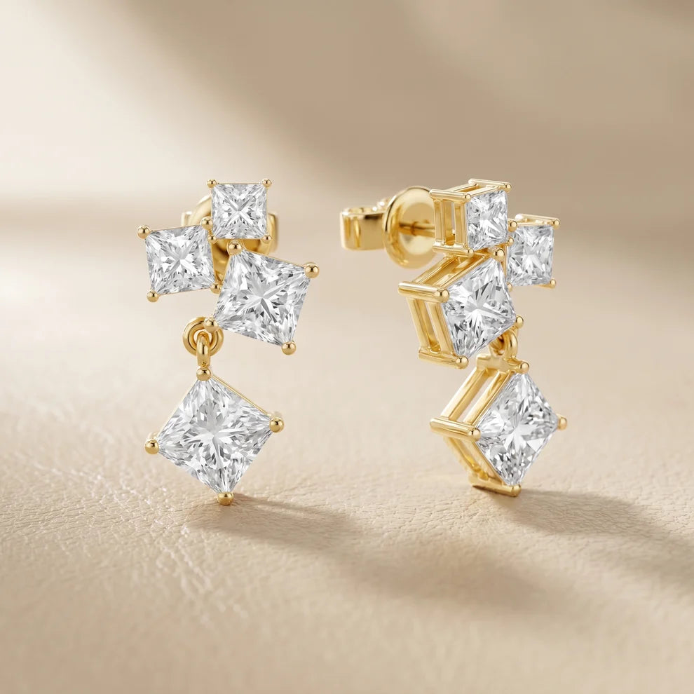 Crest Cluster Princess Diamond Dangle Earrings