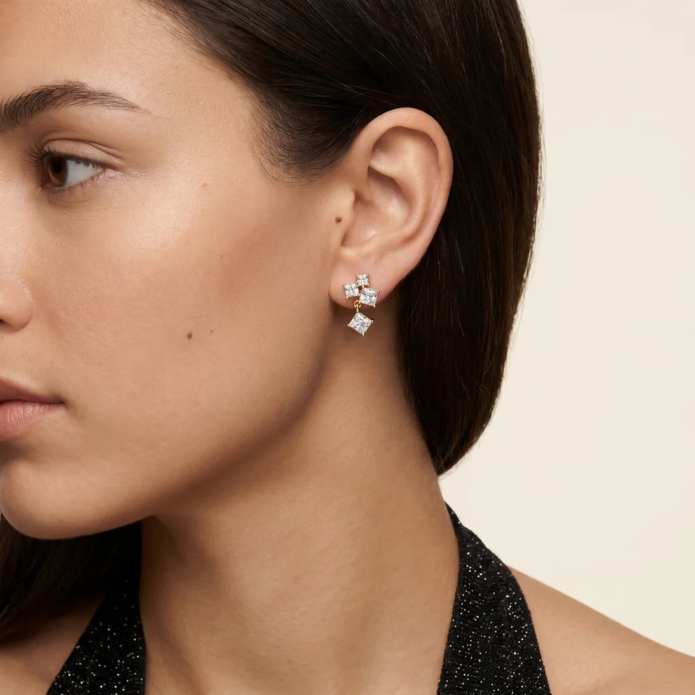 Crest Cluster Princess Diamond Dangle Earrings