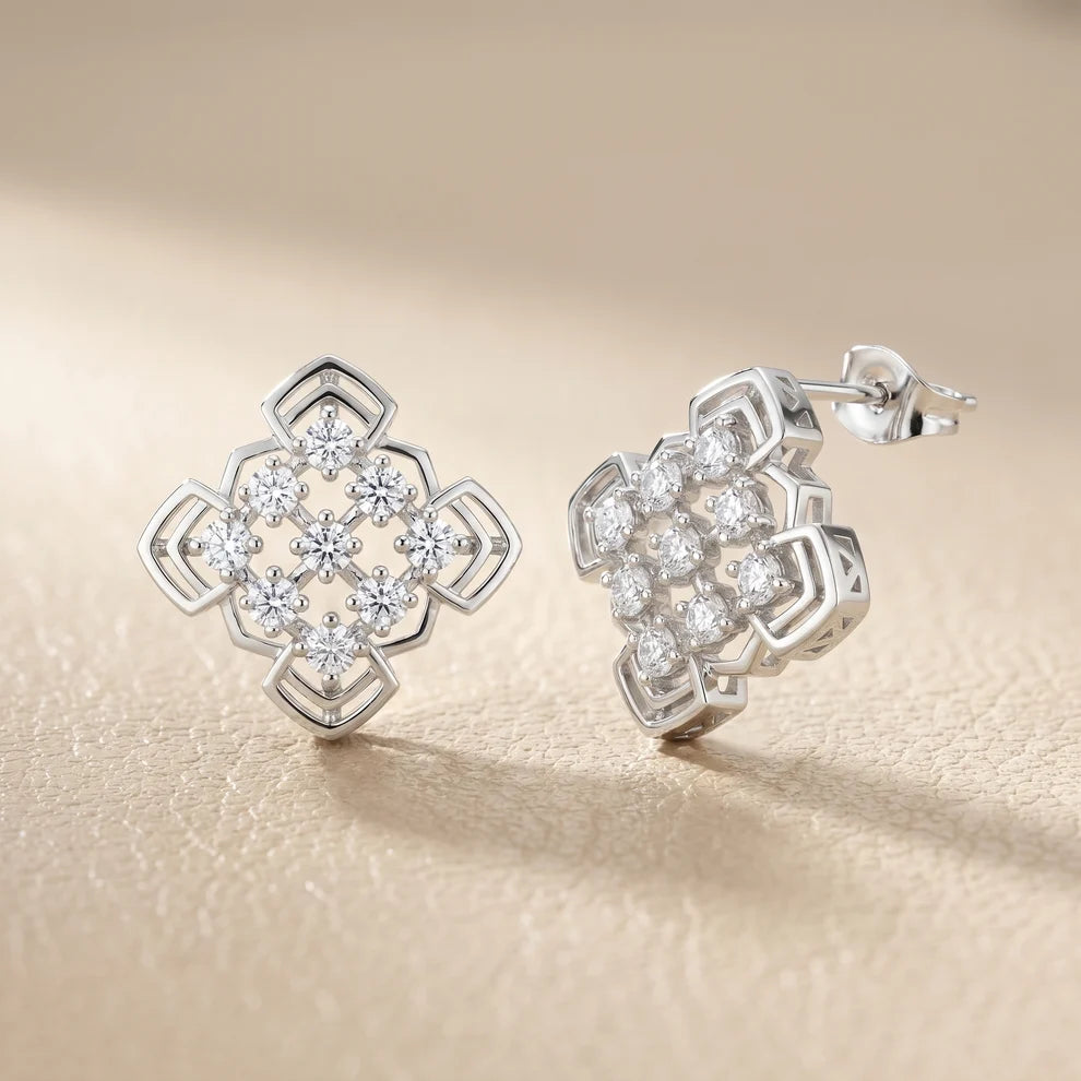 Structural Clover Round Diamond Earrings