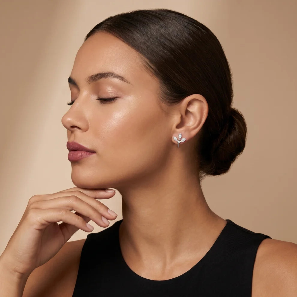 Whispering Leaf Round Diamond Earrings
