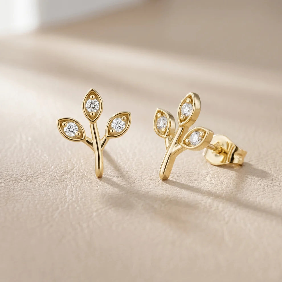 Whispering Leaf Round Diamond Earrings