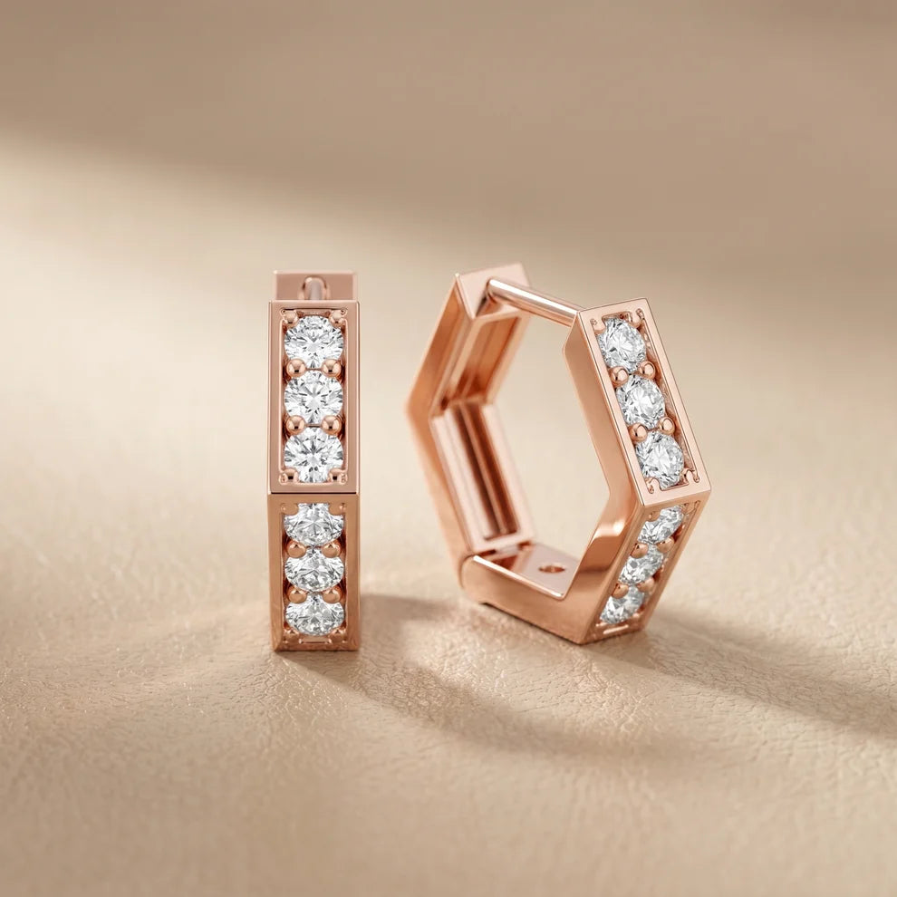 Vertex Hexagon Round Diamond Hoop Earrings