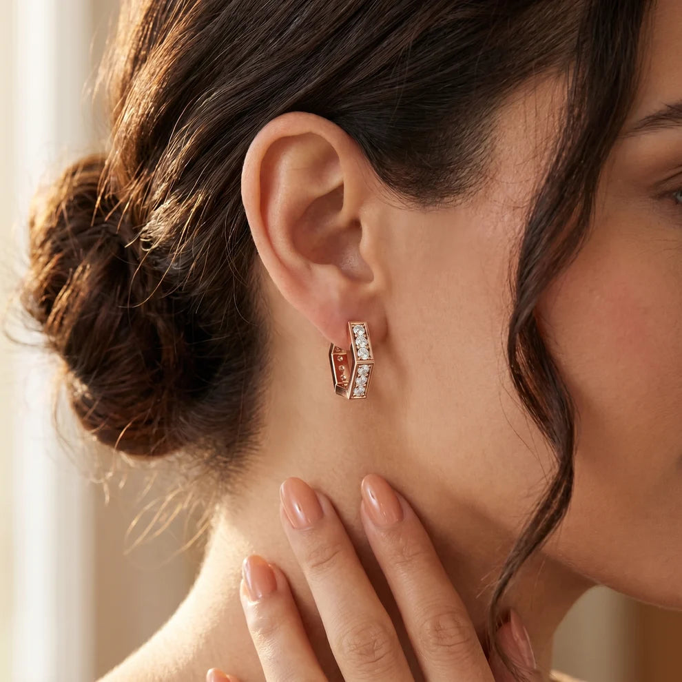 Vertex Hexagon Round Diamond Hoop Earrings