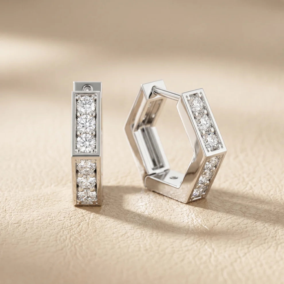 Vertex Hexagon Round Diamond Hoop Earrings