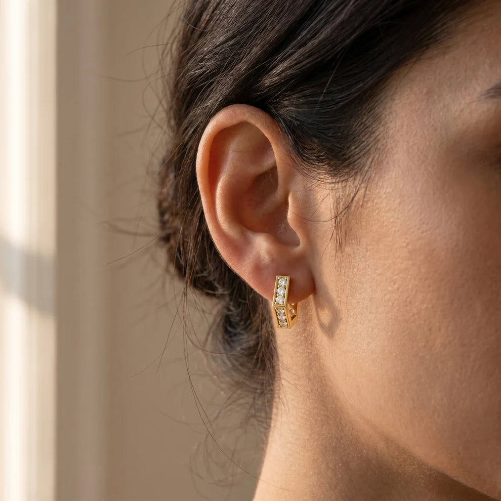 Vertex Hexagon Round Diamond Hoop Earrings