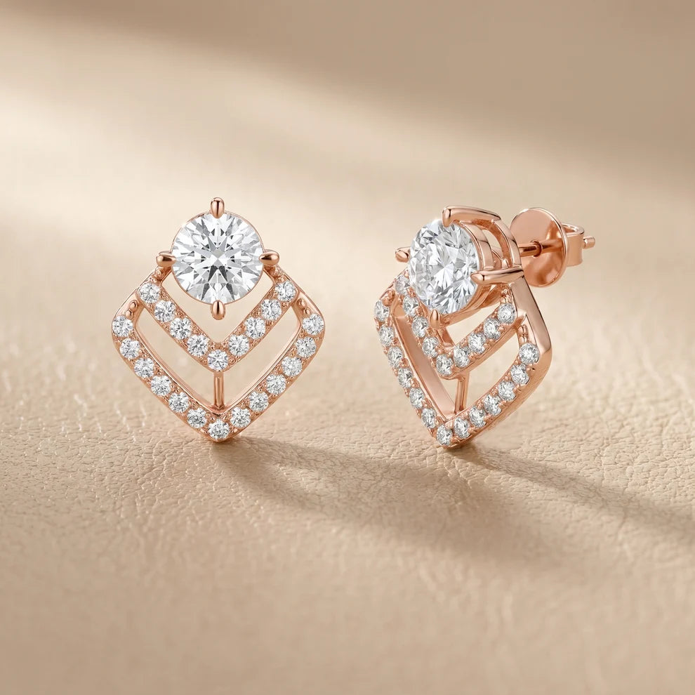 Chevron Edge Round Diamond Earrings