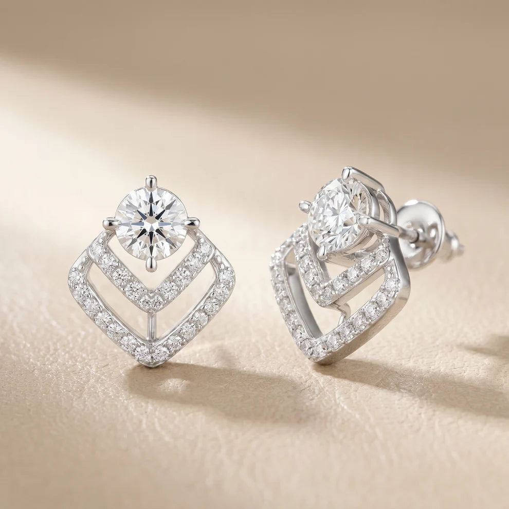 Chevron Edge Round Diamond Earrings
