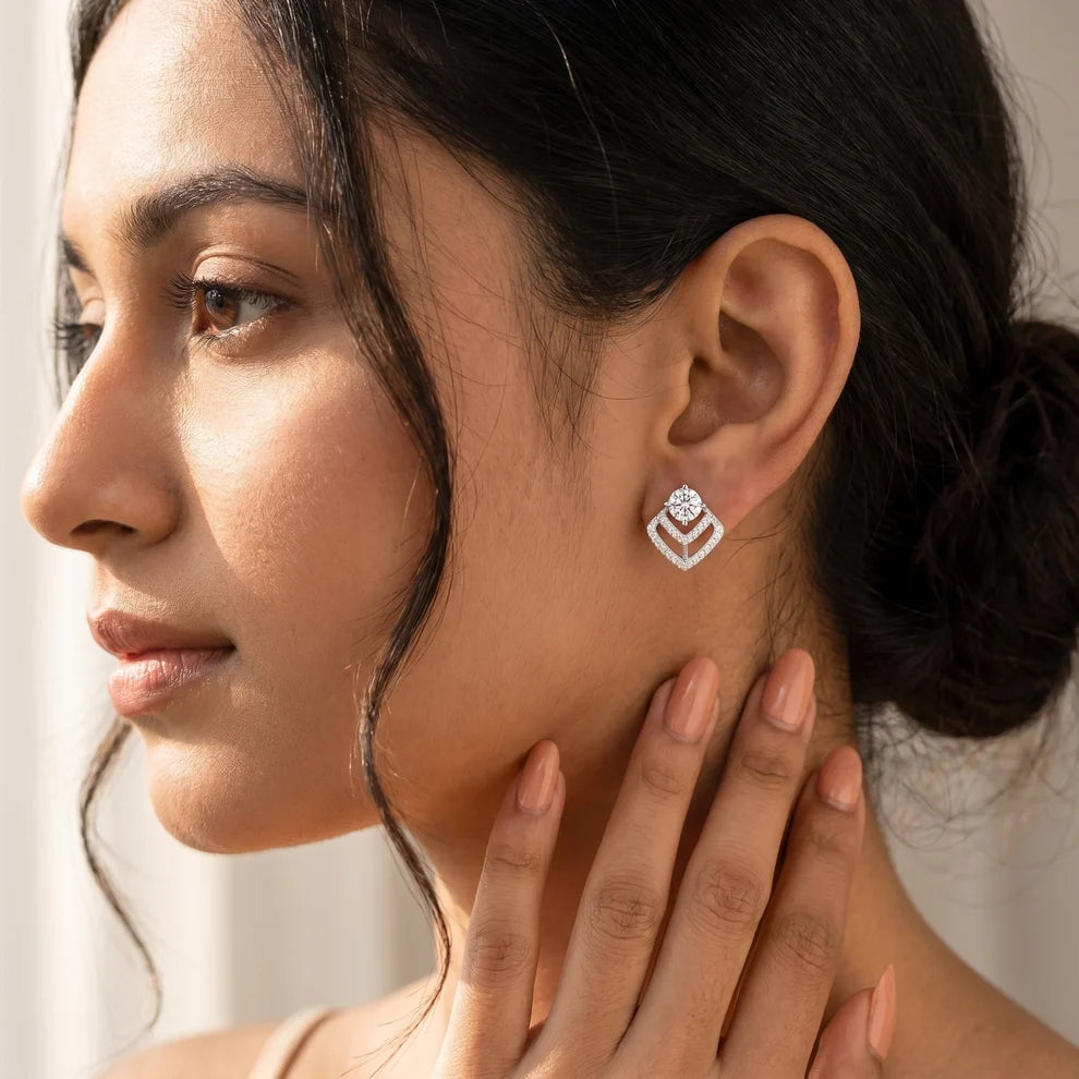 Chevron Edge Round Diamond Earrings