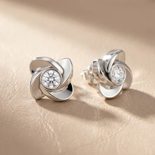 Petal Bezel Round Diamond Earrings
