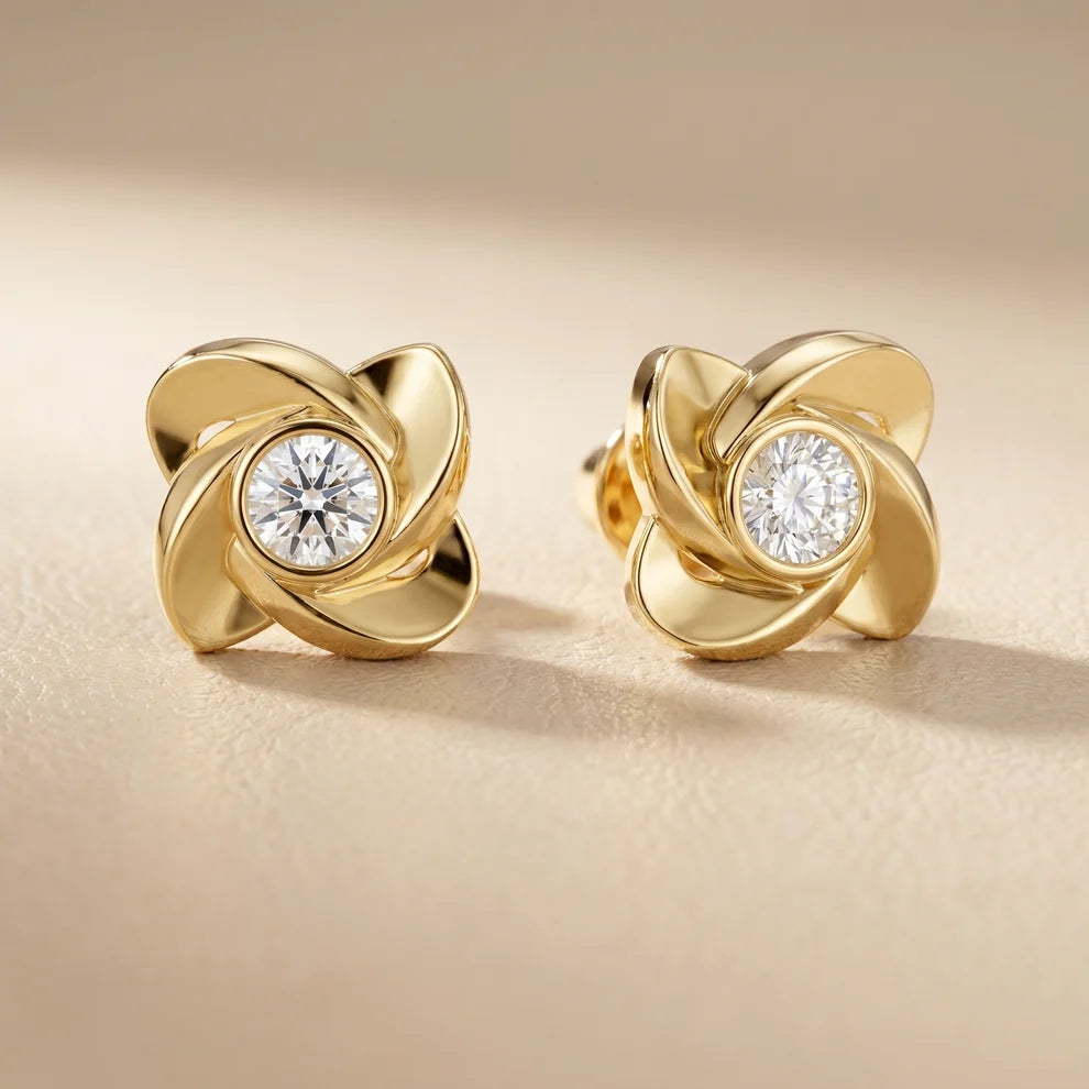 Petal Bezel Round Diamond Earrings