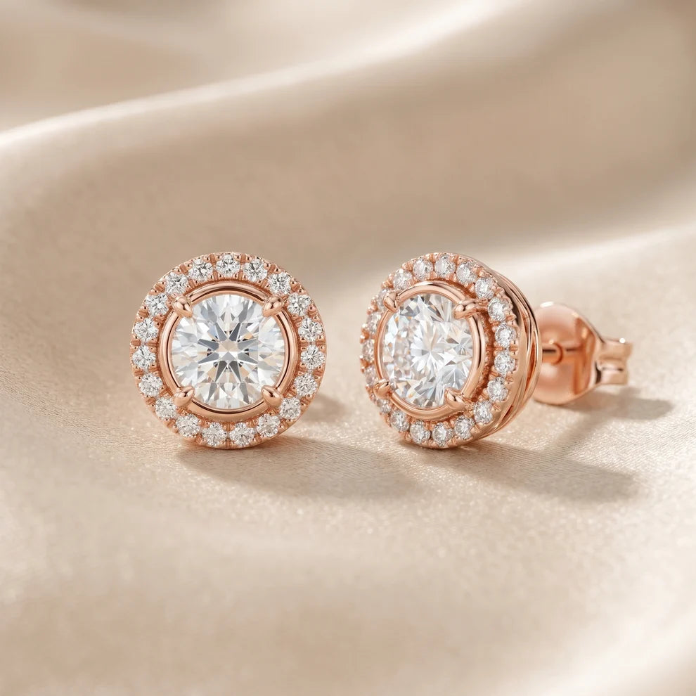Rim-Set Halo Round Diamond Earrings