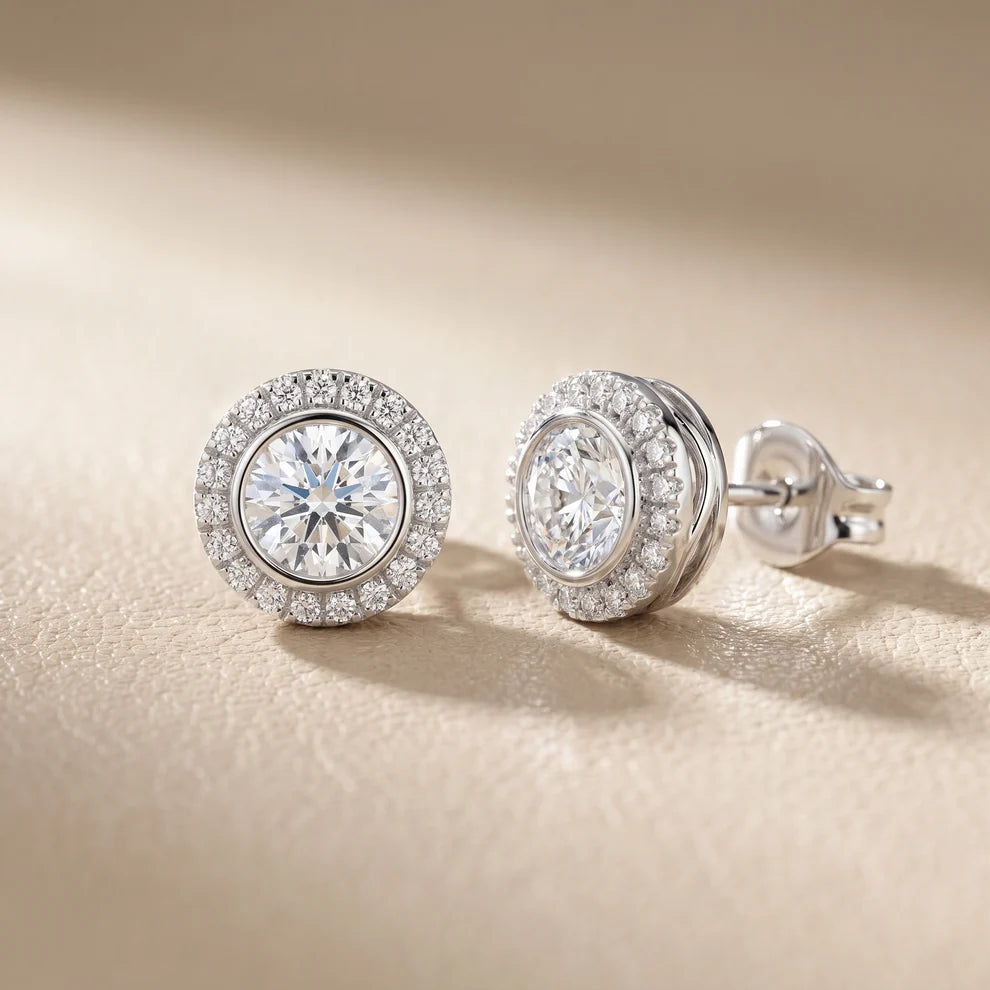 Rim-Set Halo Round Diamond Earrings