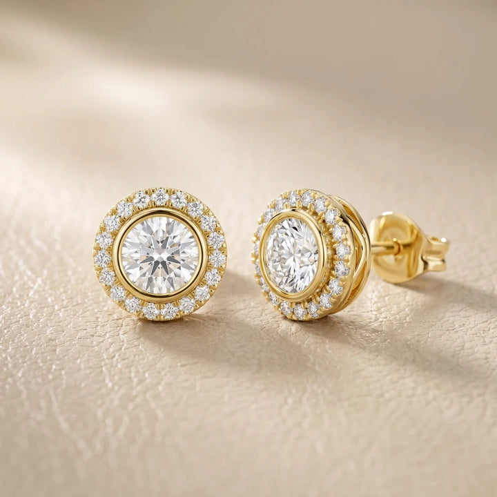 Rim-Set Halo Round Diamond Earrings