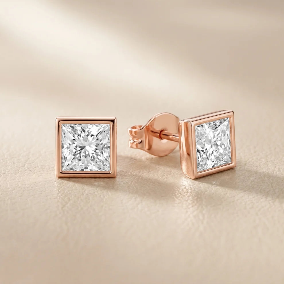 Luna Bezel Princess Diamond Earrings