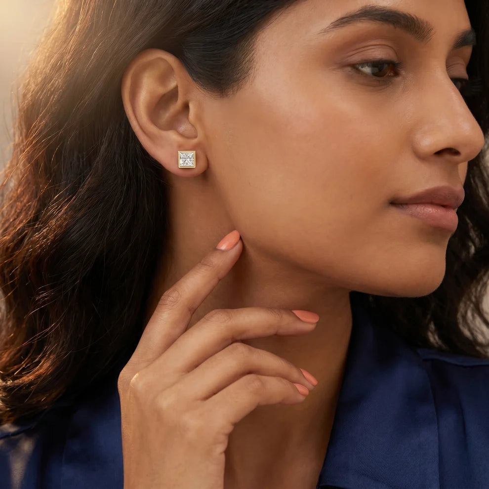 Luna Bezel Princess Diamond Earrings