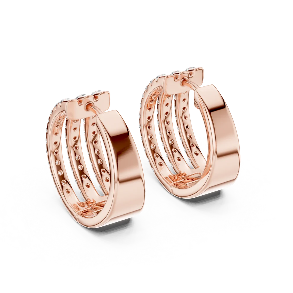 Triple Row Pave Round Diamond Hoop Earrings