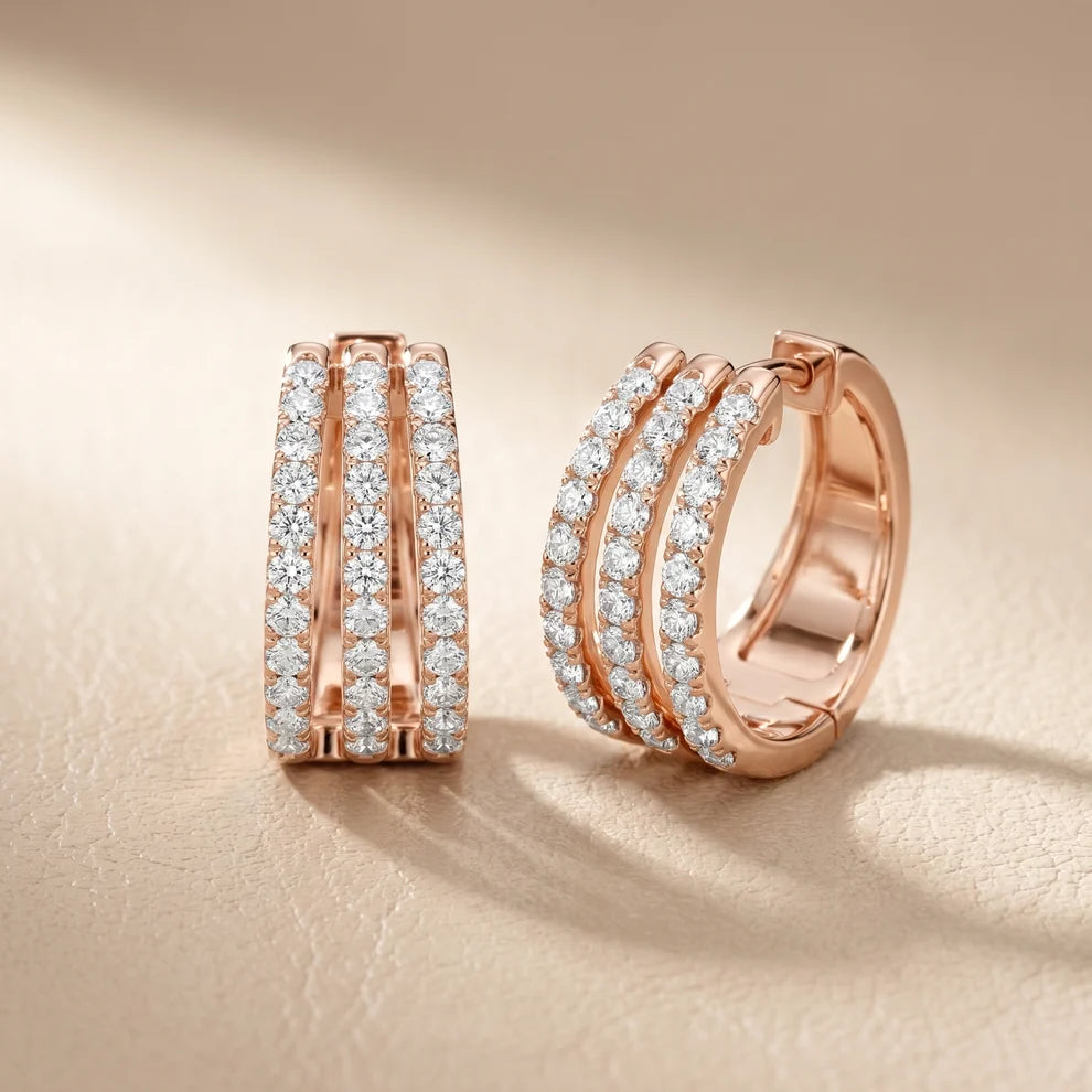 Triple Row Pave Round Diamond Hoop Earrings