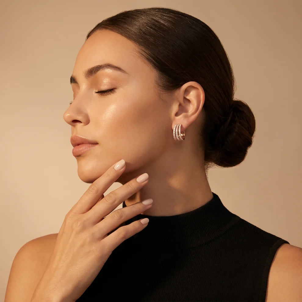 Triple Row Pave Round Diamond Hoop Earrings