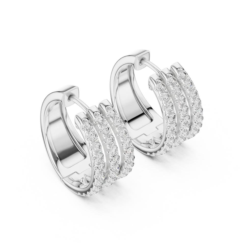 Triple Row Pave Round Diamond Hoop Earrings
