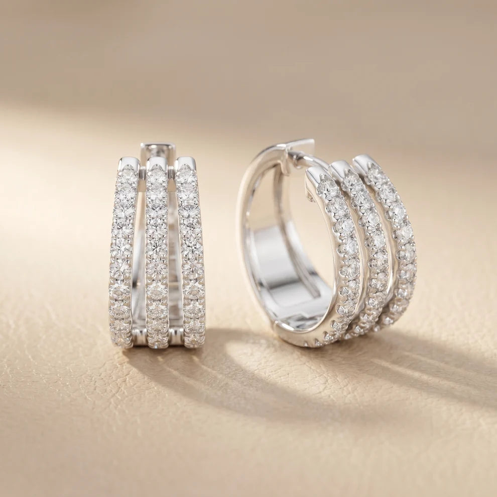 Triple Row Pave Round Diamond Hoop Earrings