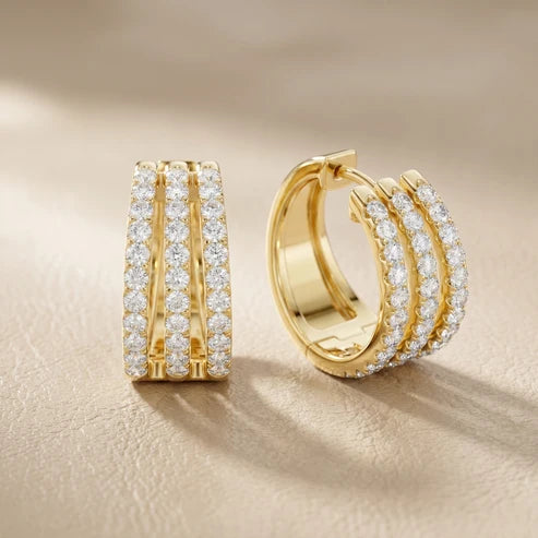 Triple Row Pave Round Diamond Hoop Earrings