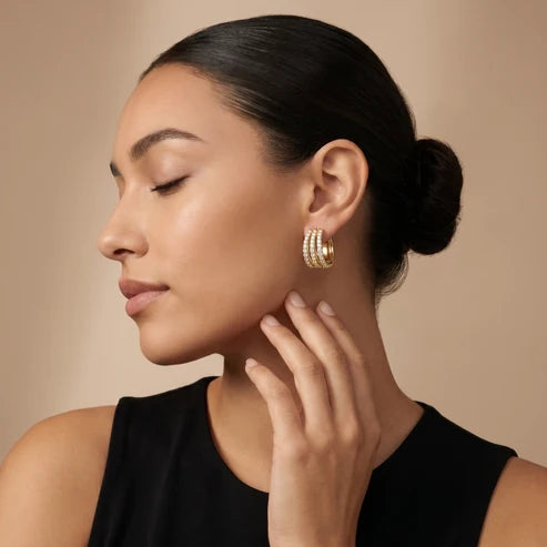 Triple Row Pave Round Diamond Hoop Earrings