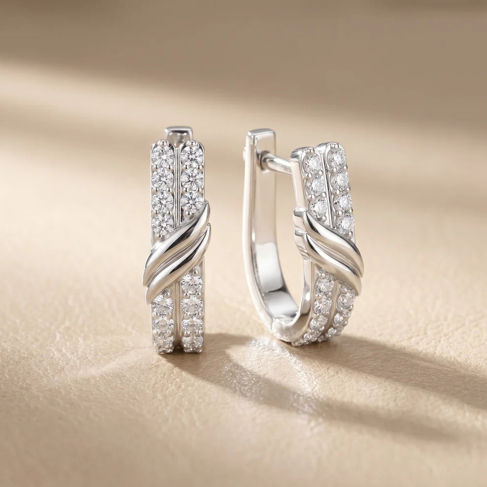 Wave Crossover Round Diamond Huggie Hoop Earrings