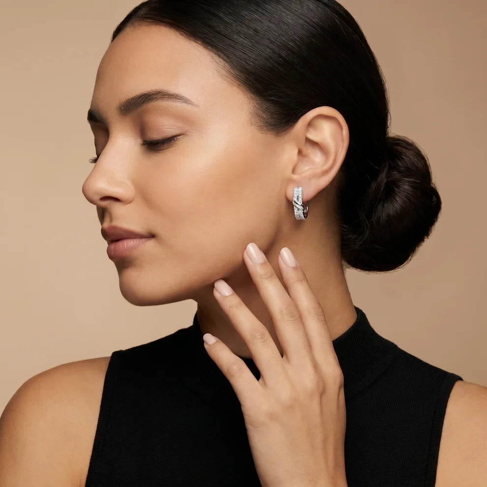Wave Crossover Round Diamond Huggie Hoop Earrings
