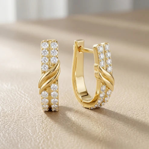 Wave Crossover Round Diamond Huggie Hoop Earrings
