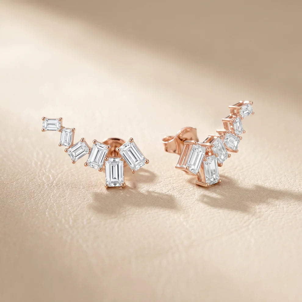 Structured Cascade Emerald Diamond Climber Earrings