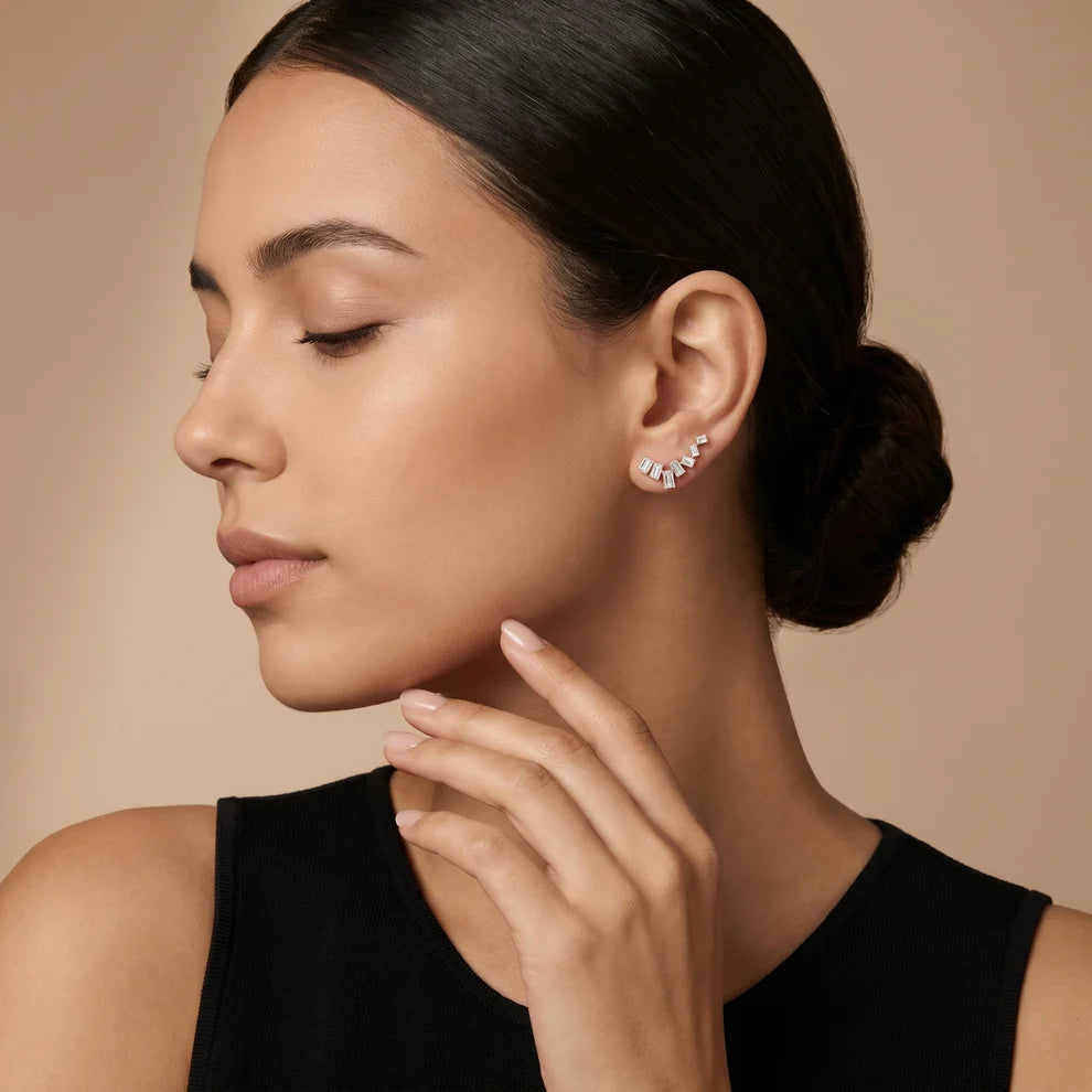 Structured Cascade Emerald Diamond Climber Earrings