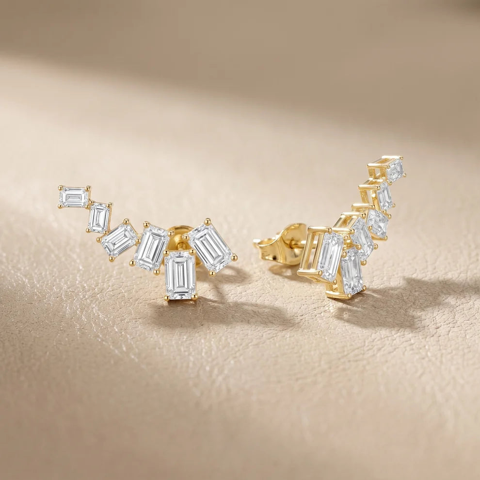 Structured Cascade Emerald Diamond Climber Earrings