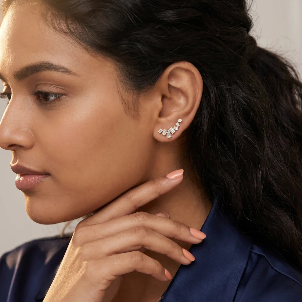 Structured Cascade Emerald Diamond Climber Earrings