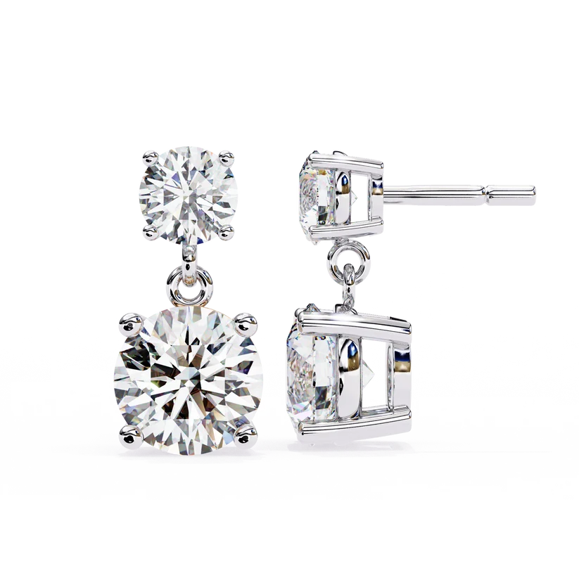 Gold Double Drop Diamond Earrings for Women | Round Brilliant Cut Dangle Earrings